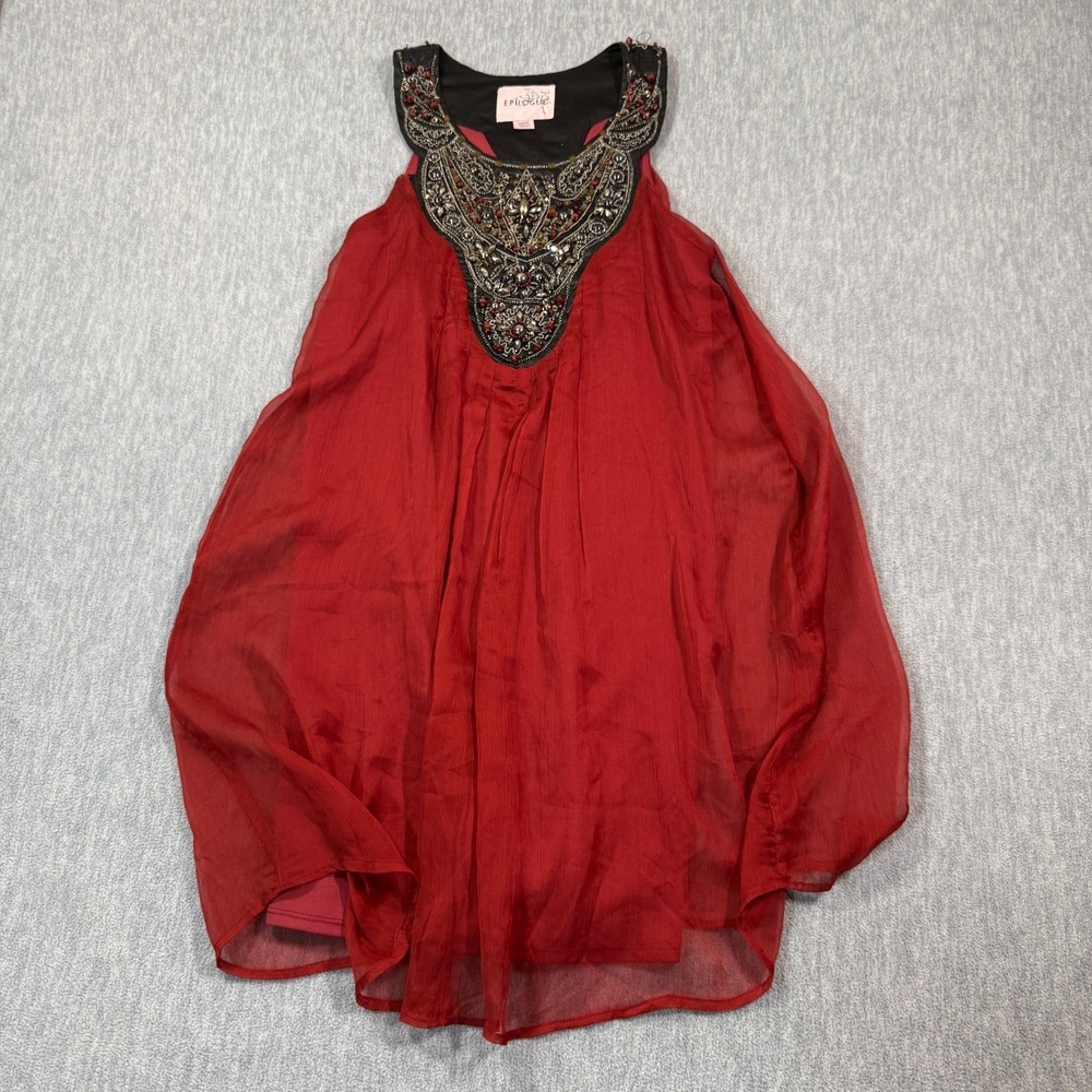 Epilogue Dress Womens M Red Silk Sleeveless Beaded Sequin Neckline Chiffon Party